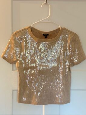 Express Gold Sequin Short Sleeve Crop Top